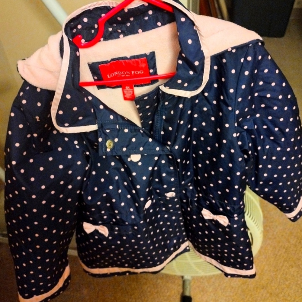 London Fog Blue and Pink Polka Dot Raincoat